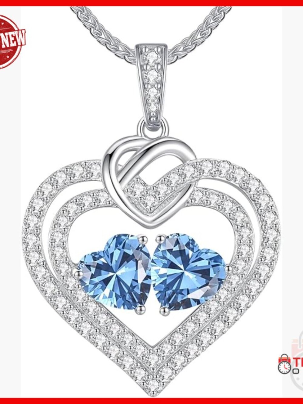 Sterling Silver Double Heart Birthstone Necklace, 18" Adjustable Chain, Gift